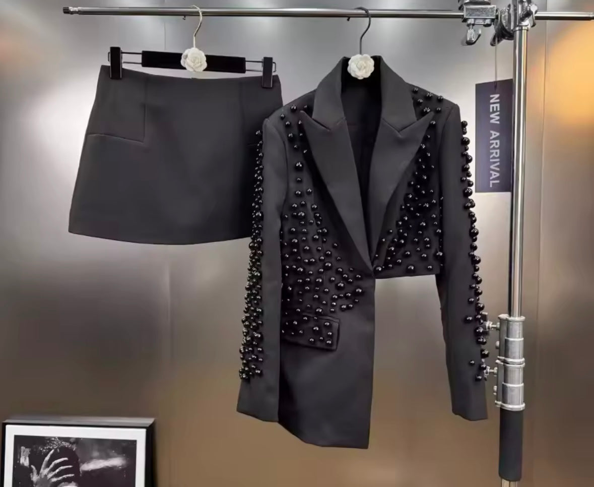 Women Fashion Asymmetrical Beaded Blazer Two Piece Skirt Set