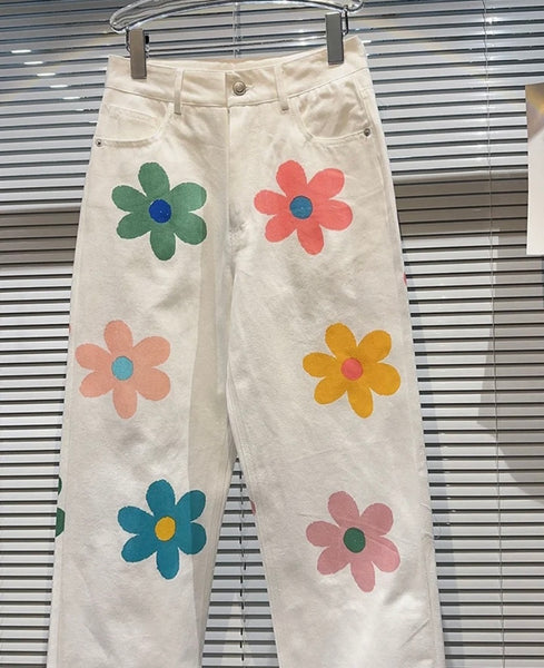 Women White Floral Fashion Denim Pants