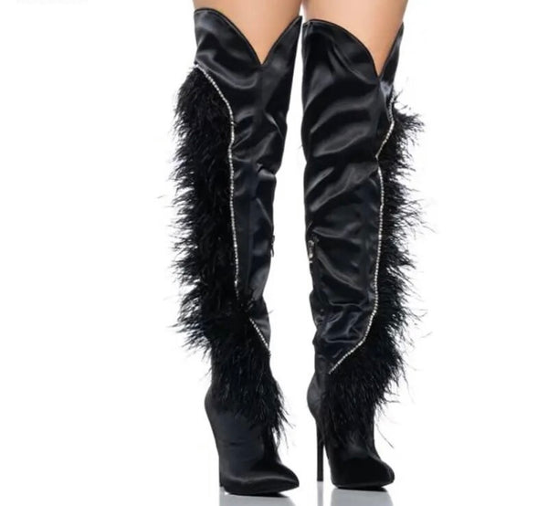 Women Black Fashion Bling Faux Fur Patchwork Knee High Boots