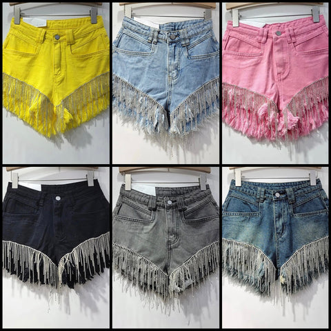 Women Fashion Color Rhinestone Tassel Denim Shorts