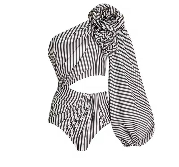 Women Sexy B&W Striped Swimsuit Cover Up Set