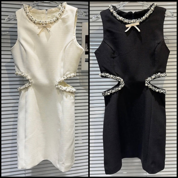 Women Sexy Sleeveless Beaded Bling Cut Out Dress