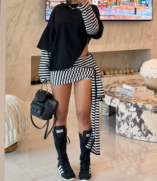 Women Color Striped Full Sleeve Fashion Two Piece Wrap Skirt Set
