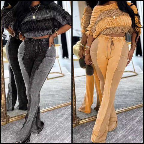 Women Fashion Color Patchwork Ruched Two Piece Pant Set