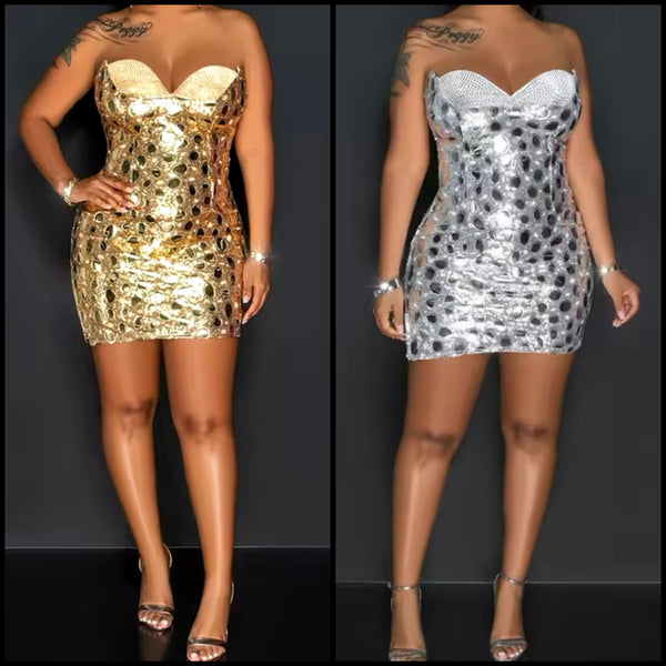 Women Sexy Strapless Sequins Mirror Dress