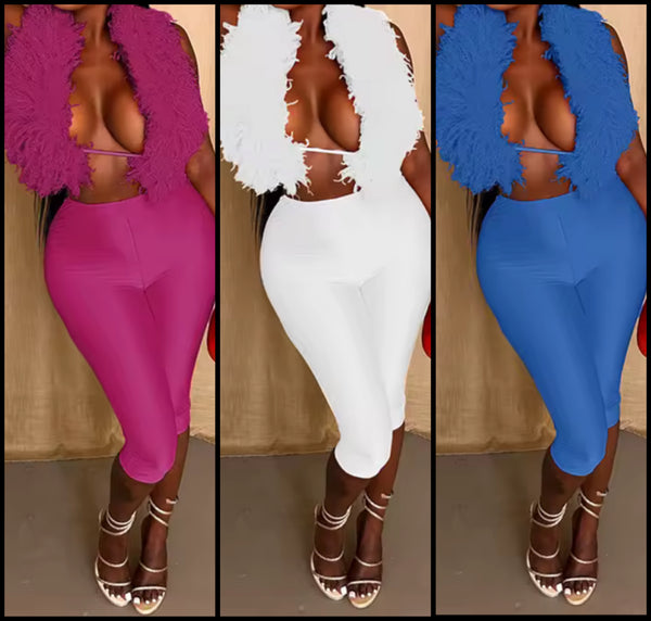 Women Sexy Halter Sleeveless Fur Two Piece Capri Pant Set