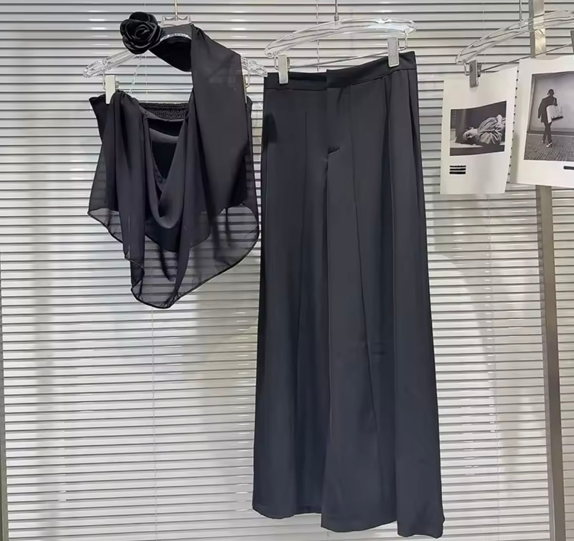 Women Black Sleeveless Mesh Fashion Two Piece Pant Set