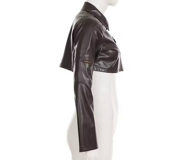 Women Brown Fashion Zip Up Faux Leather Crop Jacket