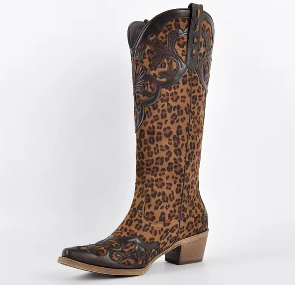 Women Color Patchwork Fashion Knee High Western Boots