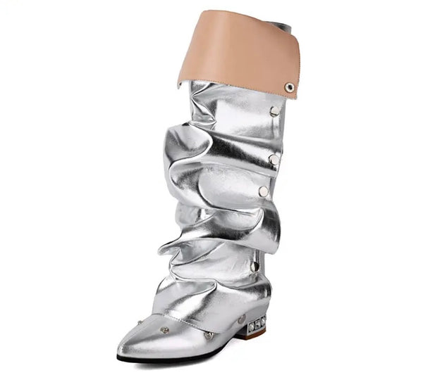 Women Fashion Flat Button Knee High Boots