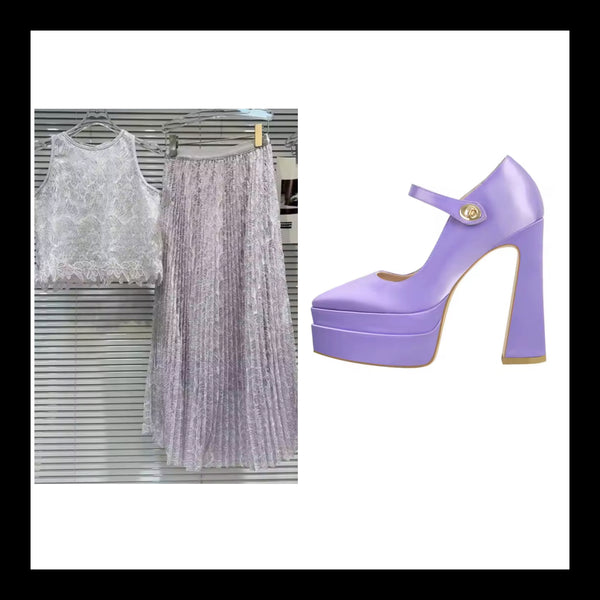 Women Lavender Pointed Toe Platform Ankle Strap High Heels