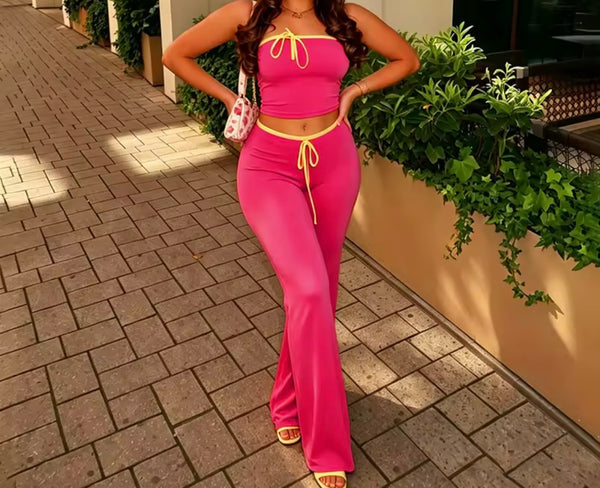 Women Sexy Tie Up Strapless Crop Two Piece Pant Set