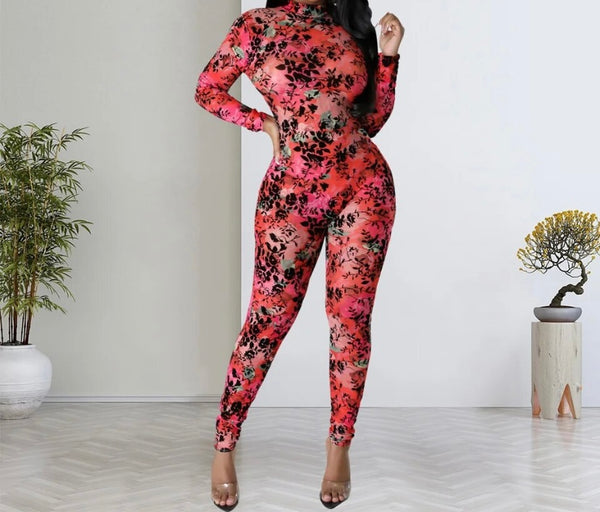 Women Sexy Full Sleeve Floral Mesh Jumpsuit