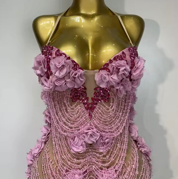 Women Sexy Pink Beaded Floral Rhinestone Halter Dress