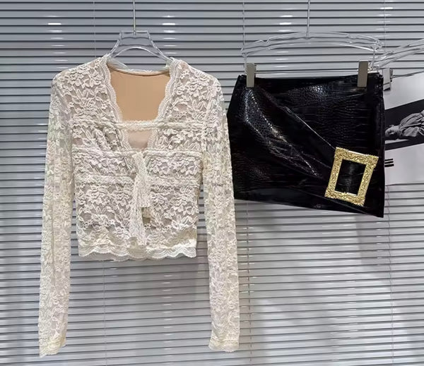 Women Sexy Fashion Lace Full Sleeve Two Piece Buckle PU Skirt Set