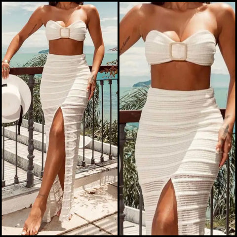 Women White Sexy Strapless Two Piece Front Split Maxi Skirt Set