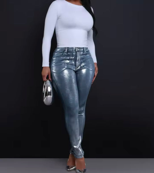 Women Fashion Metallic Denim Pants