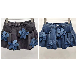 Women Denim 3D Floral Pleated Fashion Skirt