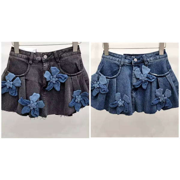 Women Denim 3D Floral Pleated Fashion Skirt