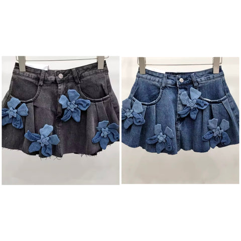 Women Denim 3D Floral Pleated Fashion Skirt