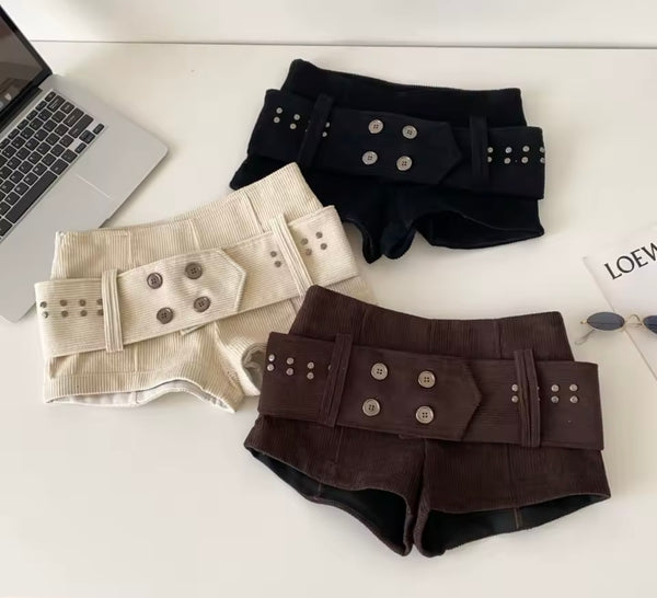 Women Fashion Corduroy Button Belted Shorts
