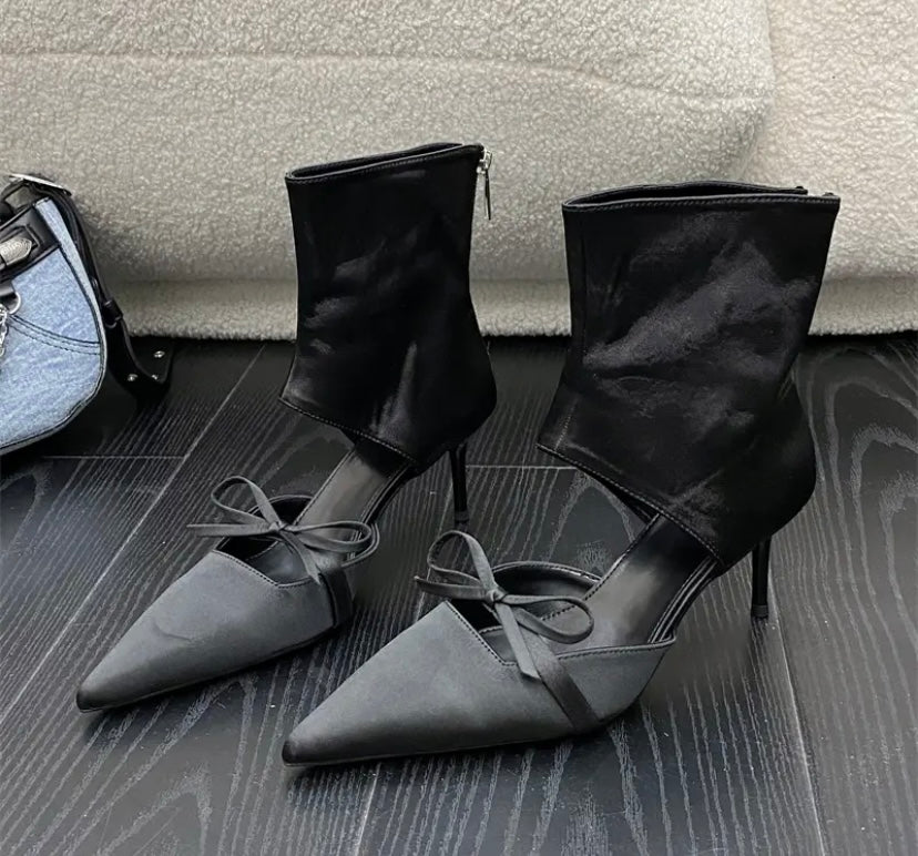 Women Fashion Pointed Toe Bow High Heel Ankle Boots