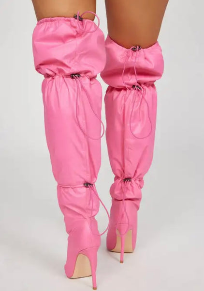 Women Fashion Faux Leather Pink Drawstring Knee High Boots