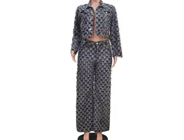 Women Gray Fashion Denim Jacket Two Piece Pant Set