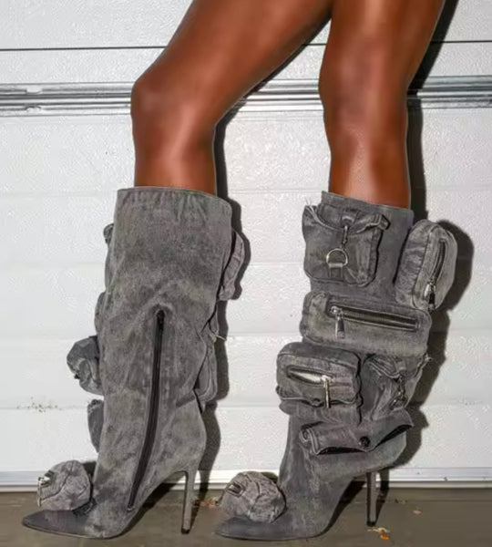 Women Fashion Pointed Toe Pocket Denim Knee High Boots