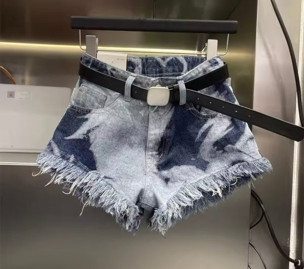 Women Fashion Tie Dye Fringe Denim Shorts