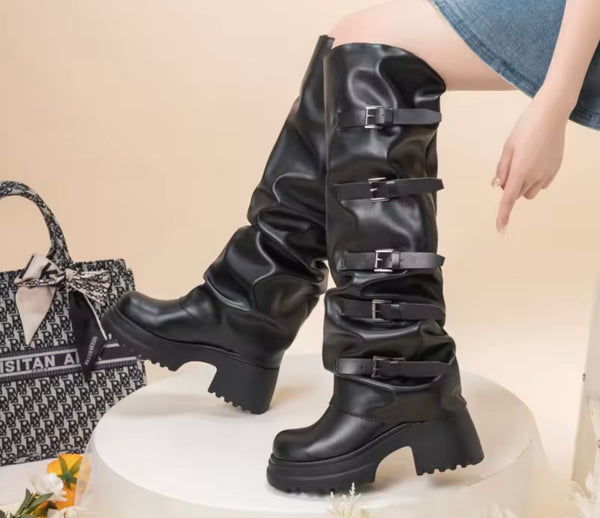 Women Black Buckled Platform Fashion Knee High Boots