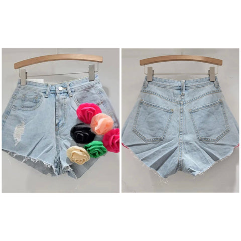 Women Fashion Ripped Multicolored Floral Denim Shorts