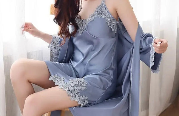 Women Sexy Lace Sleeveless Satin Nightgown Robe Lingerie Set