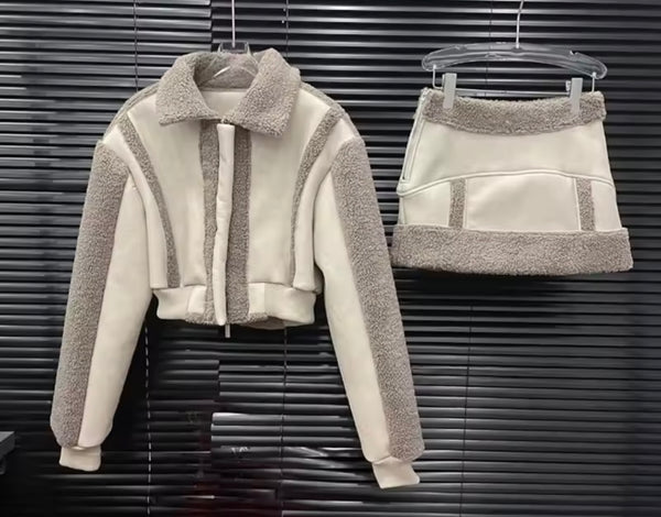 Women Fashion Fur Patchwork Jacket Two Piece Skirt Set