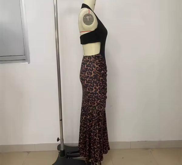Women Sexy Halter Sleeveless Open Back Leopard Maxi Dress