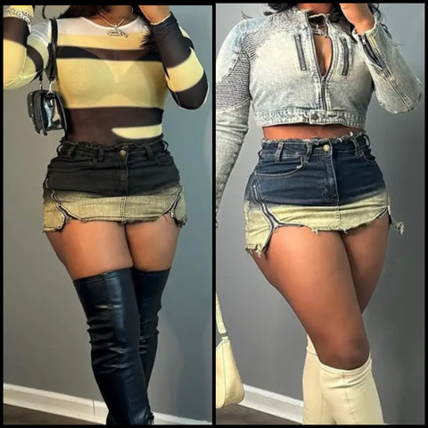 Women Fashion Sexy Side Zipper Short Denim Skirt