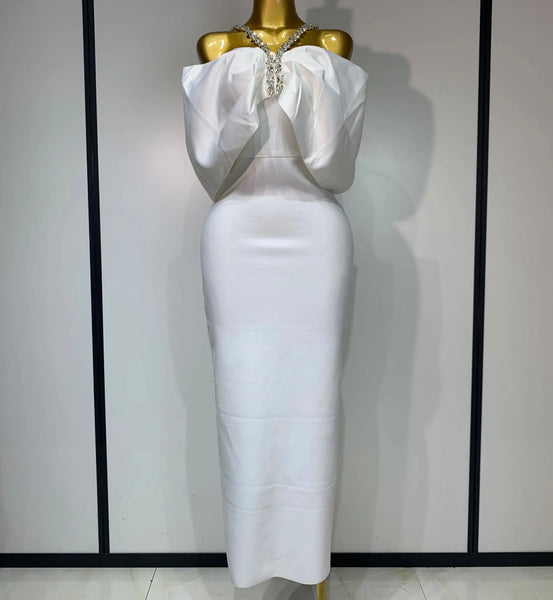 Women Sexy Rhinestone Bow White Maxi Bandage Dress