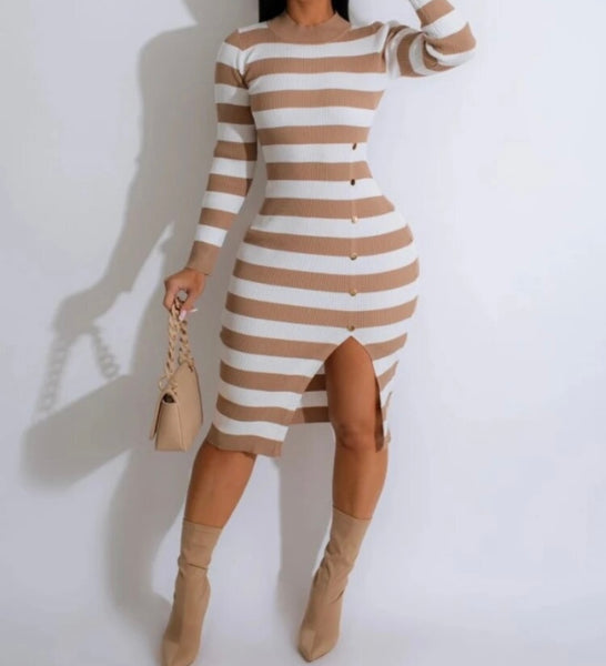 Women Sexy Striped Full Sleeve Button Dress