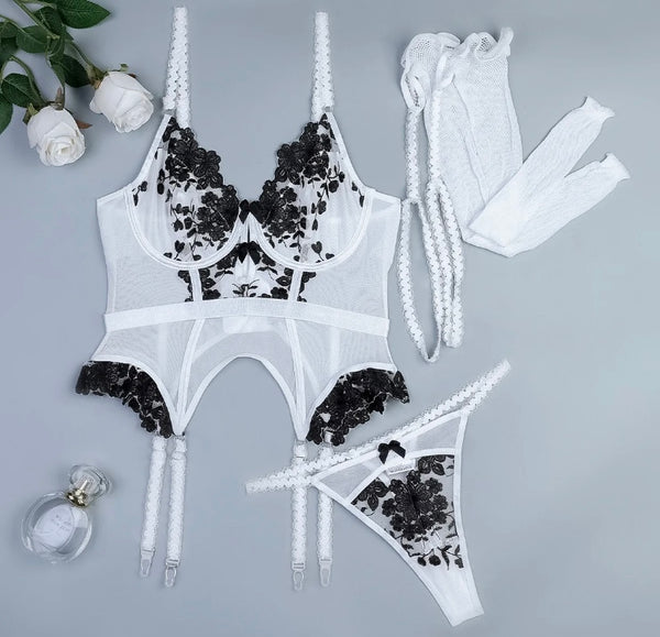 Women Sexy White/Black Floral Mesh Lingerie Set