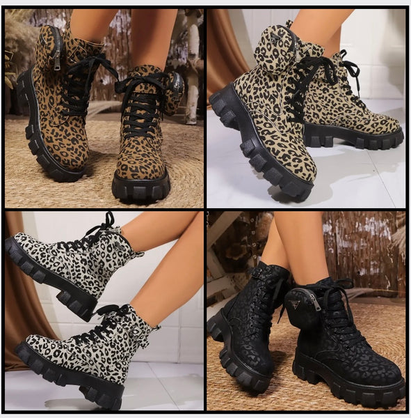 Women Fashion Leopard Print Lace Up Pocket Ankle Boots