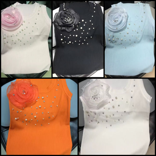 Women Sleeveless Floral Pearl Rhinestone Ribbed Tank Top