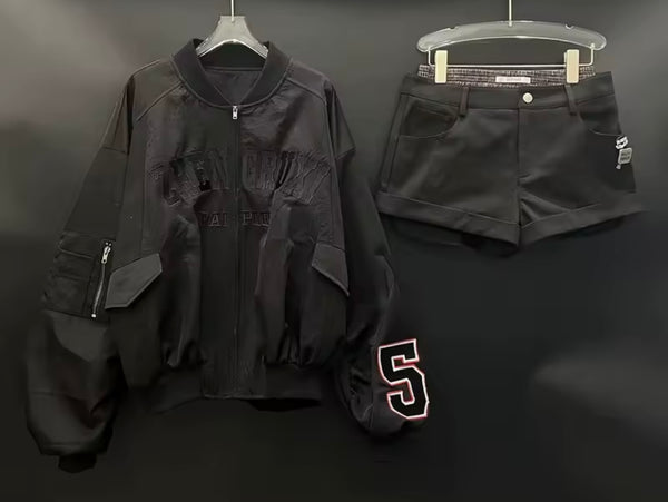 Women Black Letter Number Print Zip Up Two Piece Short Set