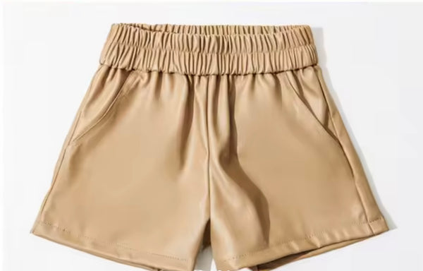 Women Fashion Color Elastic Waist Faux Leather Shorts