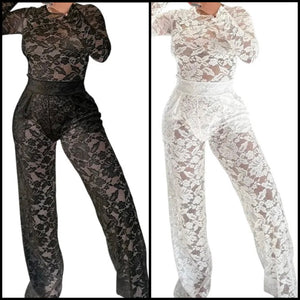 Women Lace Full Sleeve Sexy Two Piece Pant Set