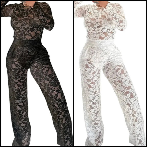 Women Lace Full Sleeve Sexy Two Piece Pant Set
