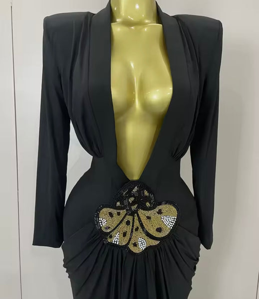 Women Sexy Black Deep V-Neck Full Sleeve Bling Maxi Dress
