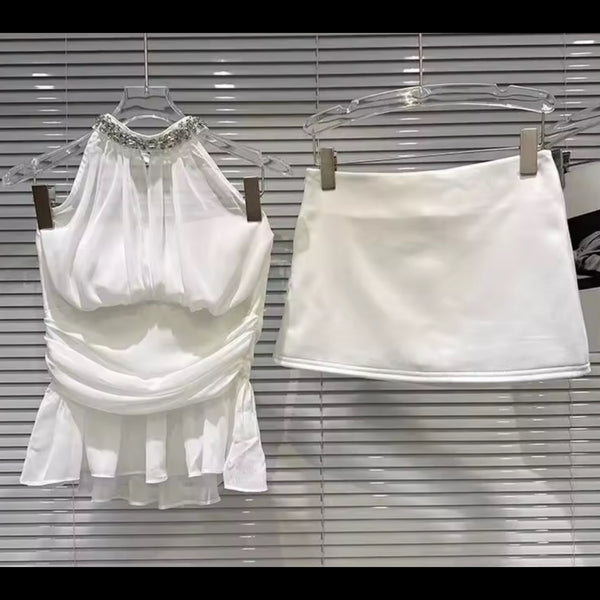 Women Rhinestone Sleeveless White Sexy Two Piece Skirt Set