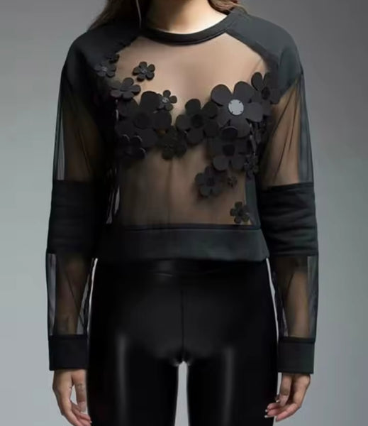 Women Black Floral Mesh Full Sleeve Crop Top
