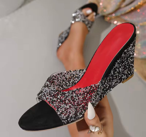 Women Fashion Sparkly PVC Transparent Wedge Slide On Sandals