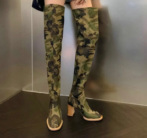 Women Fashion Over The Knee Camouflage Boots